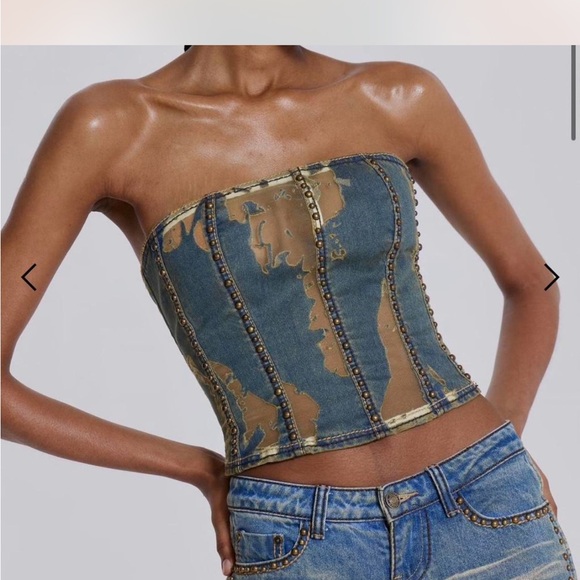 Jaded London Tops - Jaded London Strapless Distressed Denim Corset Top in Blue and Brown